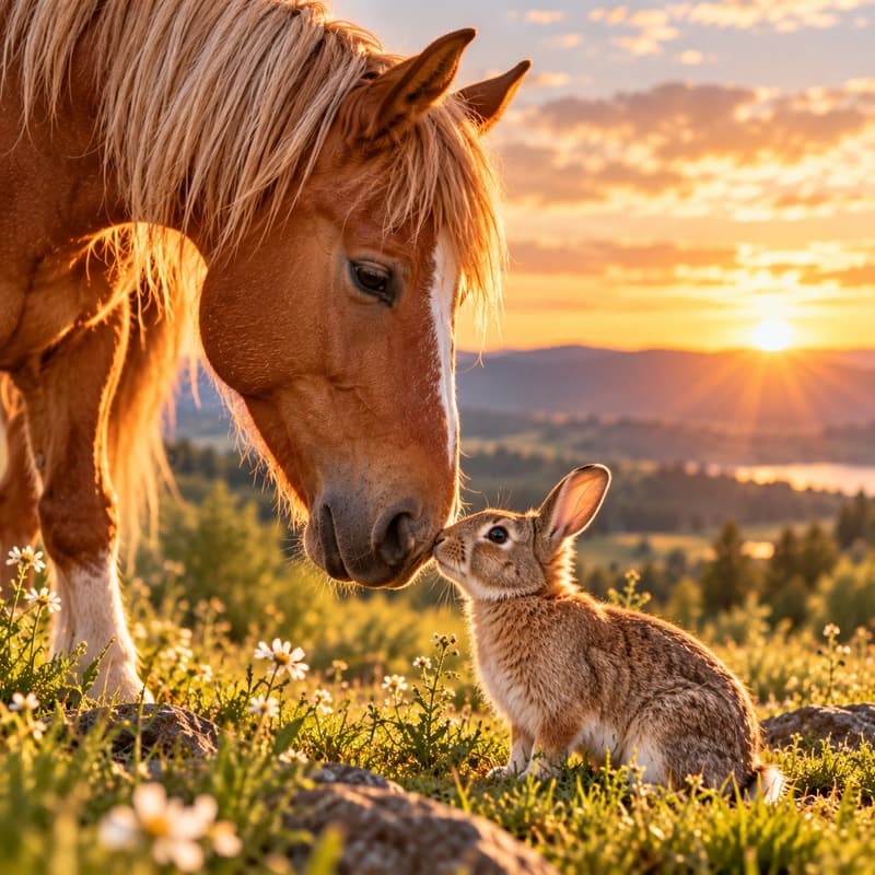 Un cheval et un lapin dans un cadre naturel apaisé