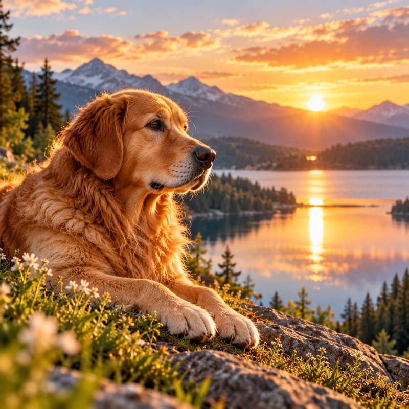 Un chien au bord d'un lac, regard tourné vers l'horizon